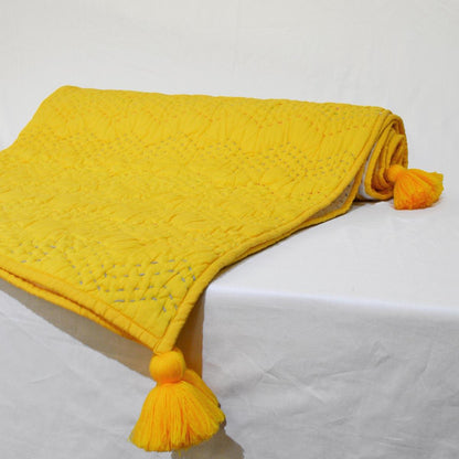 Yellow quilted Throw blanket, chevron pattern, zig zag quilting, hand quilted, 100% cotton, 50X60 inches