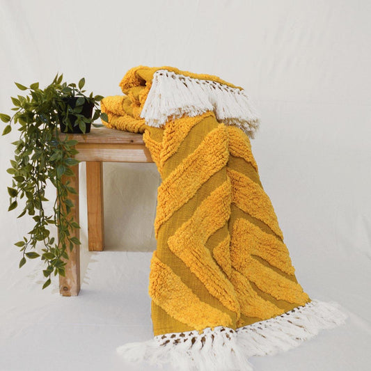 MUSTARD YELLOW Cotton tufted Throw blanket, diamond pattern tufting, couch throw, picnic blanket, 100% cotton, 44X55 inches