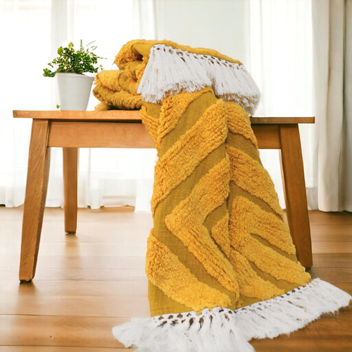 Mustard Yellow Hand-Tufted Cotton Throw Blanket | Diamond Pattern | Off-White Fringe | 44