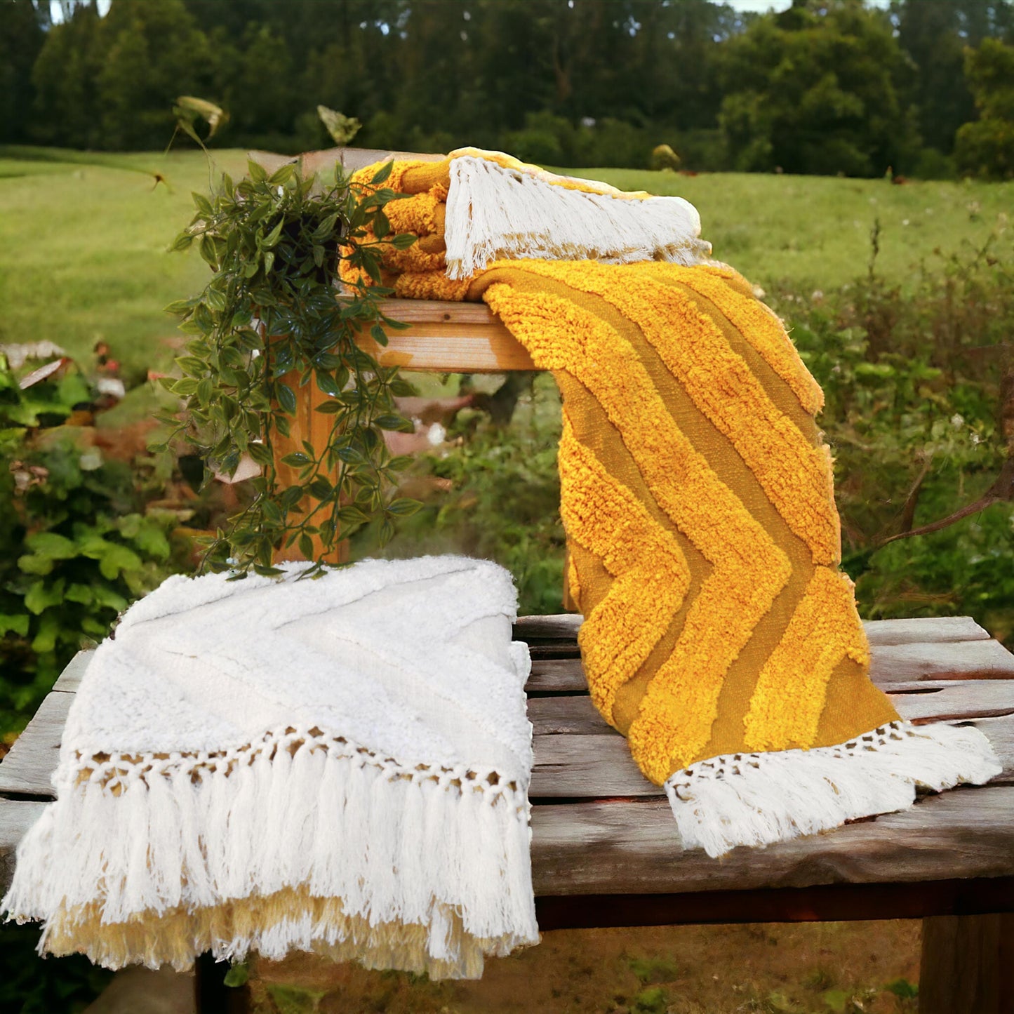 MUSTARD YELLOW Cotton tufted Throw blanket, diamond pattern tufting, couch throw, picnic blanket, 100% cotton, 44X55 inches