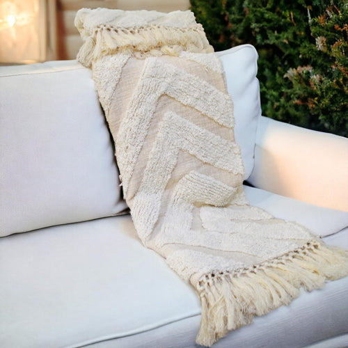 Off-White Hand-Tufted Cotton Throw Blanket | Diamond Pattern | Fringe | 44