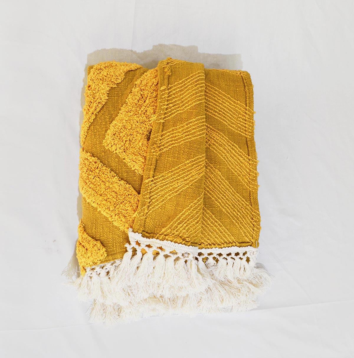 MUSTARD YELLOW Cotton tufted Throw blanket, diamond pattern tufting, couch throw, picnic blanket, 100% cotton, 44X55 inches