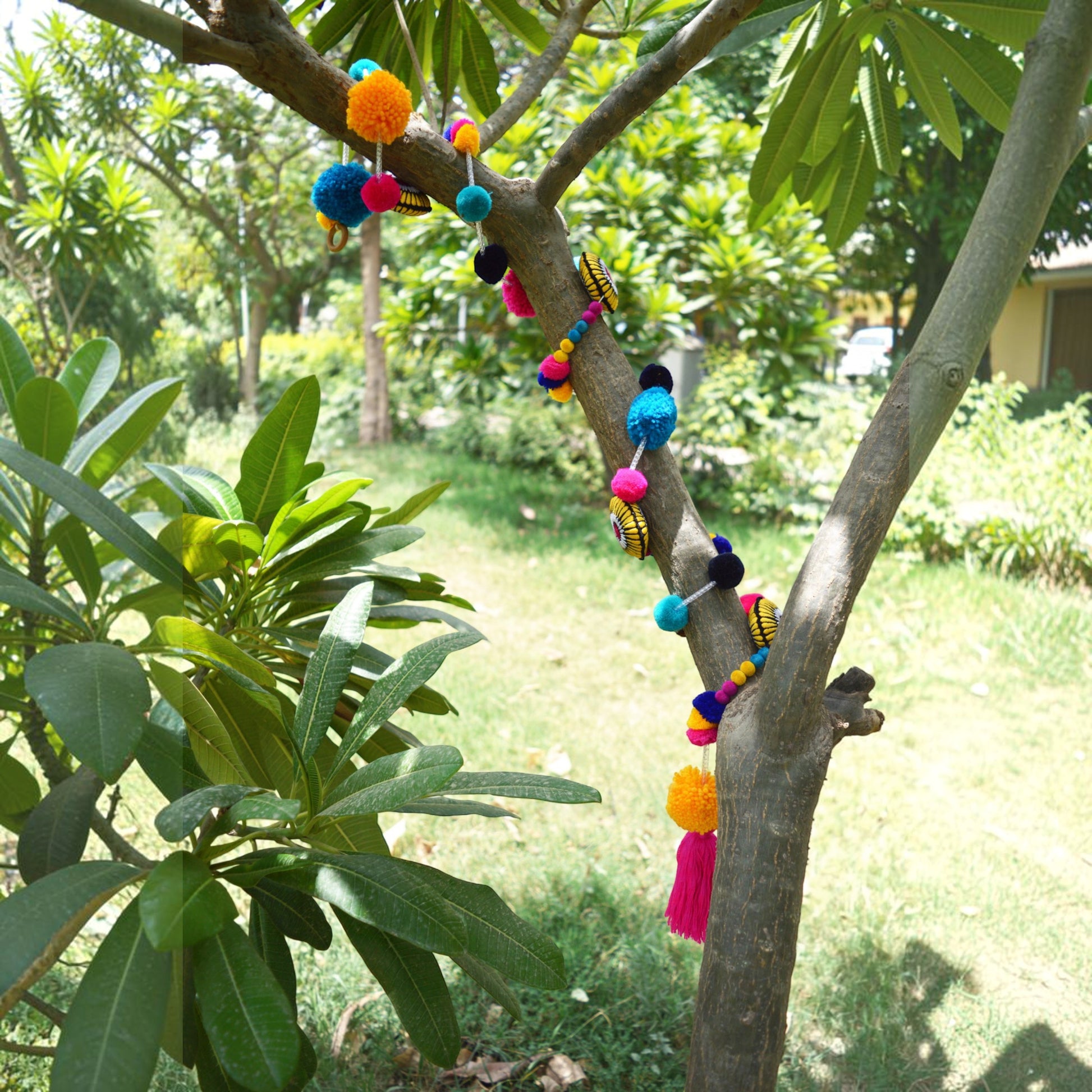 Marigold & Fuschia Pompom Garland | Handmade Boho Festive Decor | Sold Per Metre - Vliving