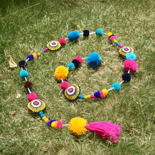 Marigold & Fuschia Pompom Garland | Handmade Boho Festive Decor | Sold Per Metre