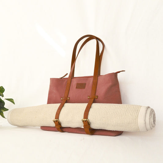 Brick Red waxed canvas yoga bag, gym bag, leather adjustable straps, 16X13X4 inches