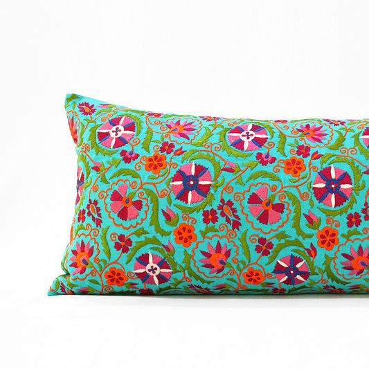 KASHIDAKAARI - Turquoise cotton Long Lumbar pillow cover with multicolour Suzani inspired embroidery, sizes available