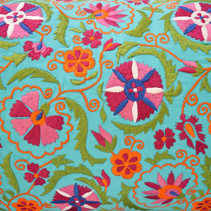 Turquoise pillow cover with multicolour Suzani inspired embroidery, long lumbar pillow cover, 12X30 inches. other sizes available