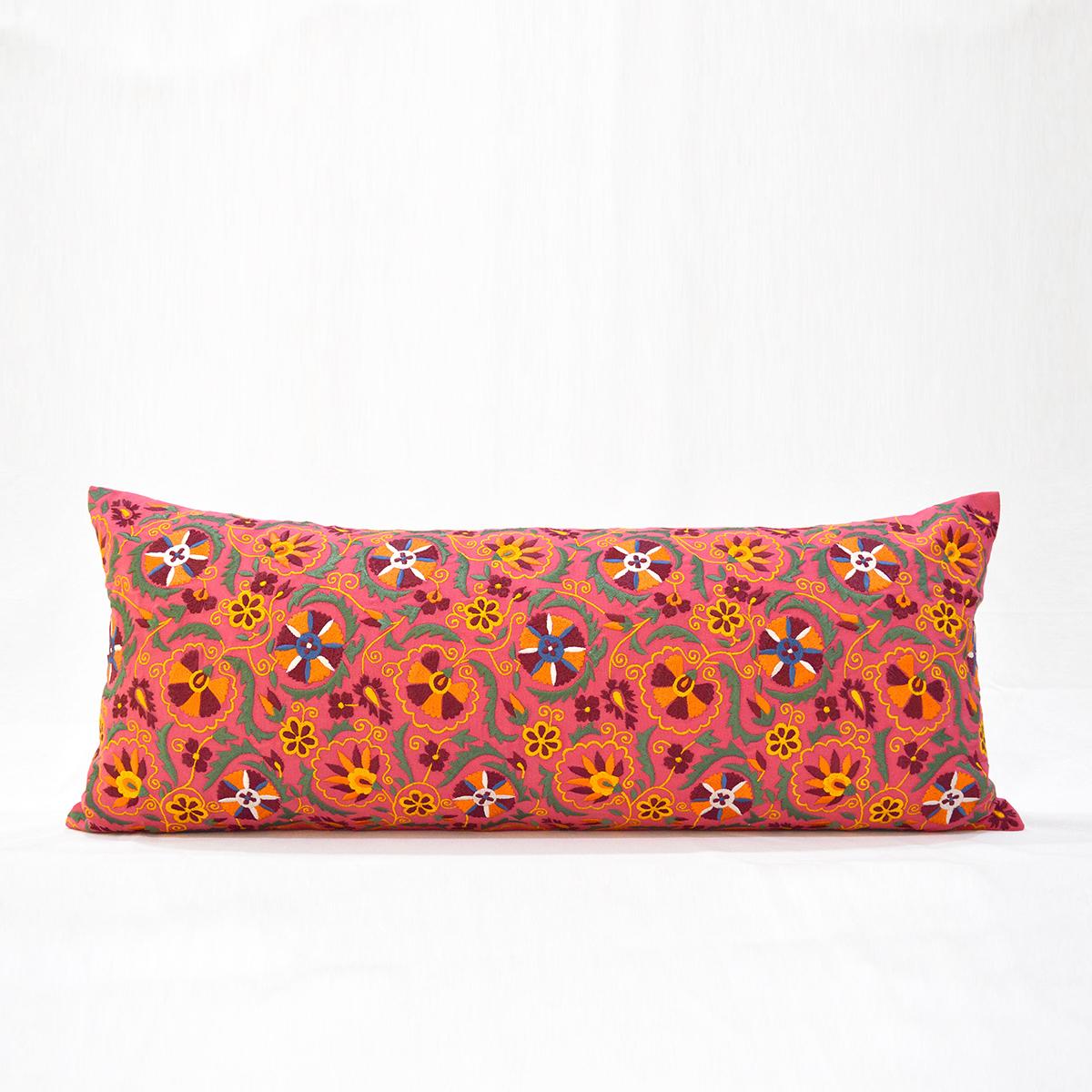 KASHIDAKAARI - Coral Red long lumbar cotton pillow cover with multicolour Suzani inspired embroidery, sizes available