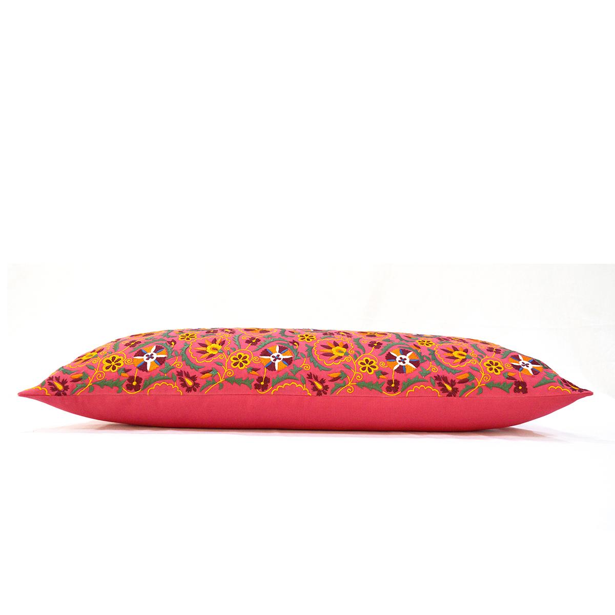 Coral Red pillow cover with multicolour Suzani inspired embroidery, long lumbar pillow cover, 12X30 inches. other sizes available
