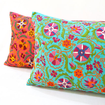 Turquoise pillow cover with multicolour Suzani inspired embroidery, long lumbar pillow cover, 12X30 inches. other sizes available