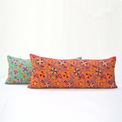 KASHIDAKAARI - Coral Red long lumbar cotton pillow cover with multicolour Suzani inspired embroidery, sizes available