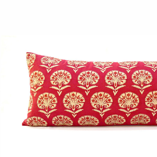 KASHIDAKAARI - Red cotton Long Lumbar pillow cover with Suzani inspired silk embroidery, sizes available