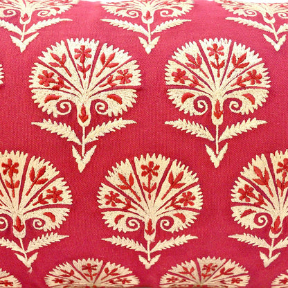Red cotton pillow cover with Suzani inspired silk embroidery, long lumbar pillow cover, 12X30 inches. other sizes available