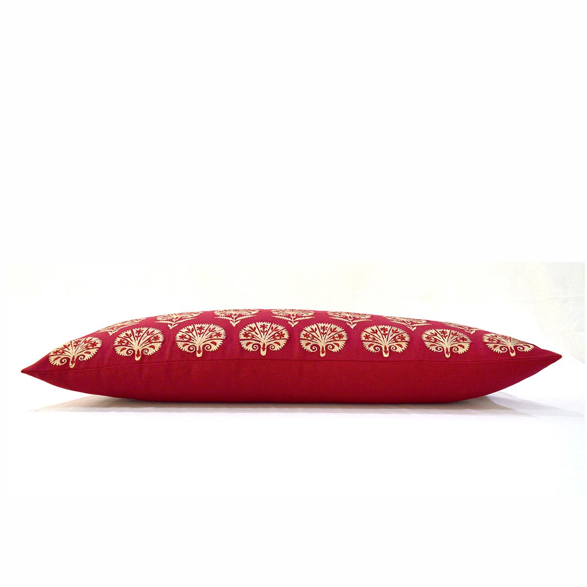 KASHIDAKAARI - Red cotton Long Lumbar pillow cover with Suzani inspired silk embroidery, sizes available