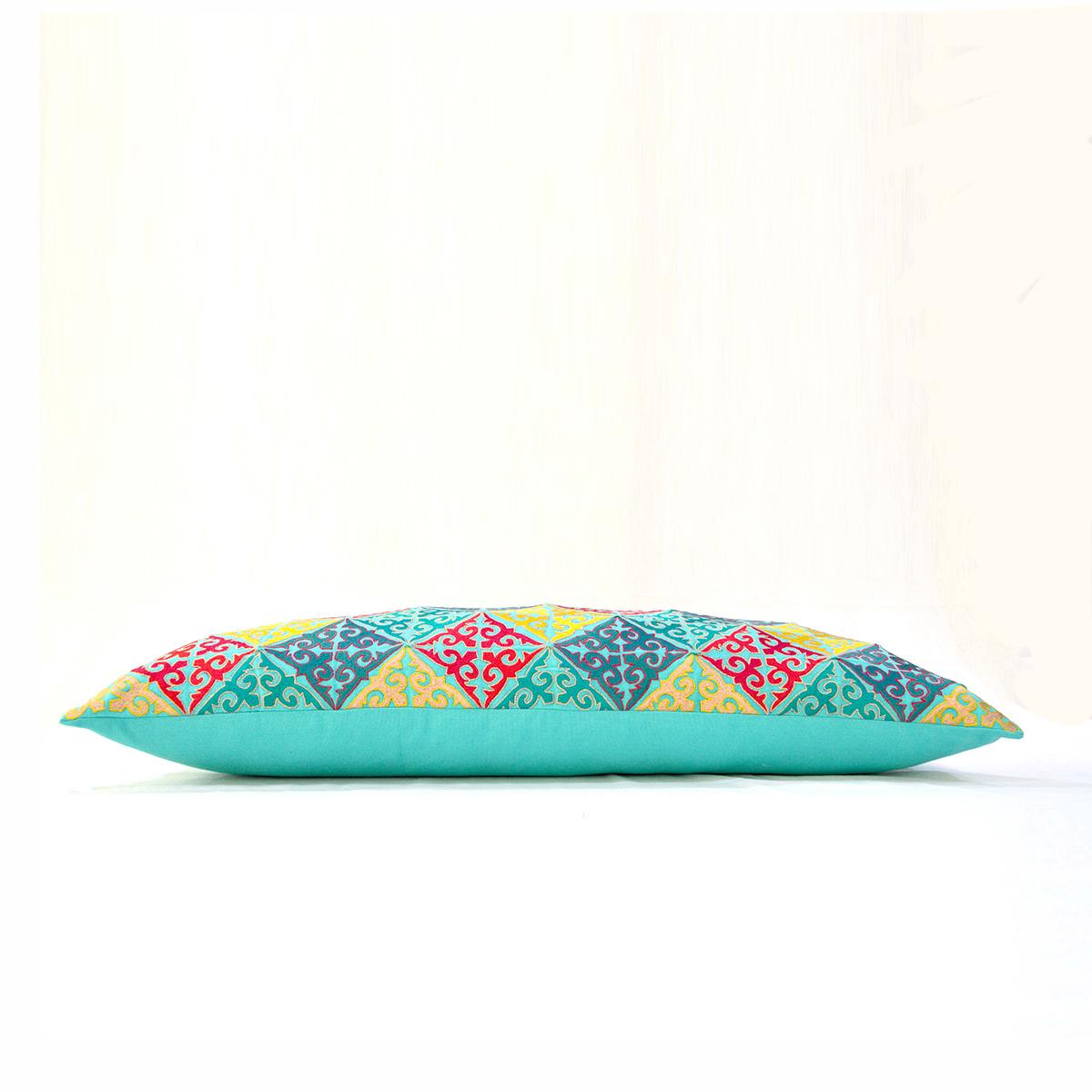 KASHIDAKAARI - Turquoise cotton Long Lumbar pillow cover with multicolour Shyrdak inspired embroidery, sizes available