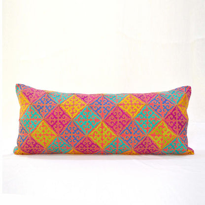 KASHIDAKAARI - Coral Red Long Lumbar cotton pillow cover with multicolour Shyrdak inspired embroidery, sizes available