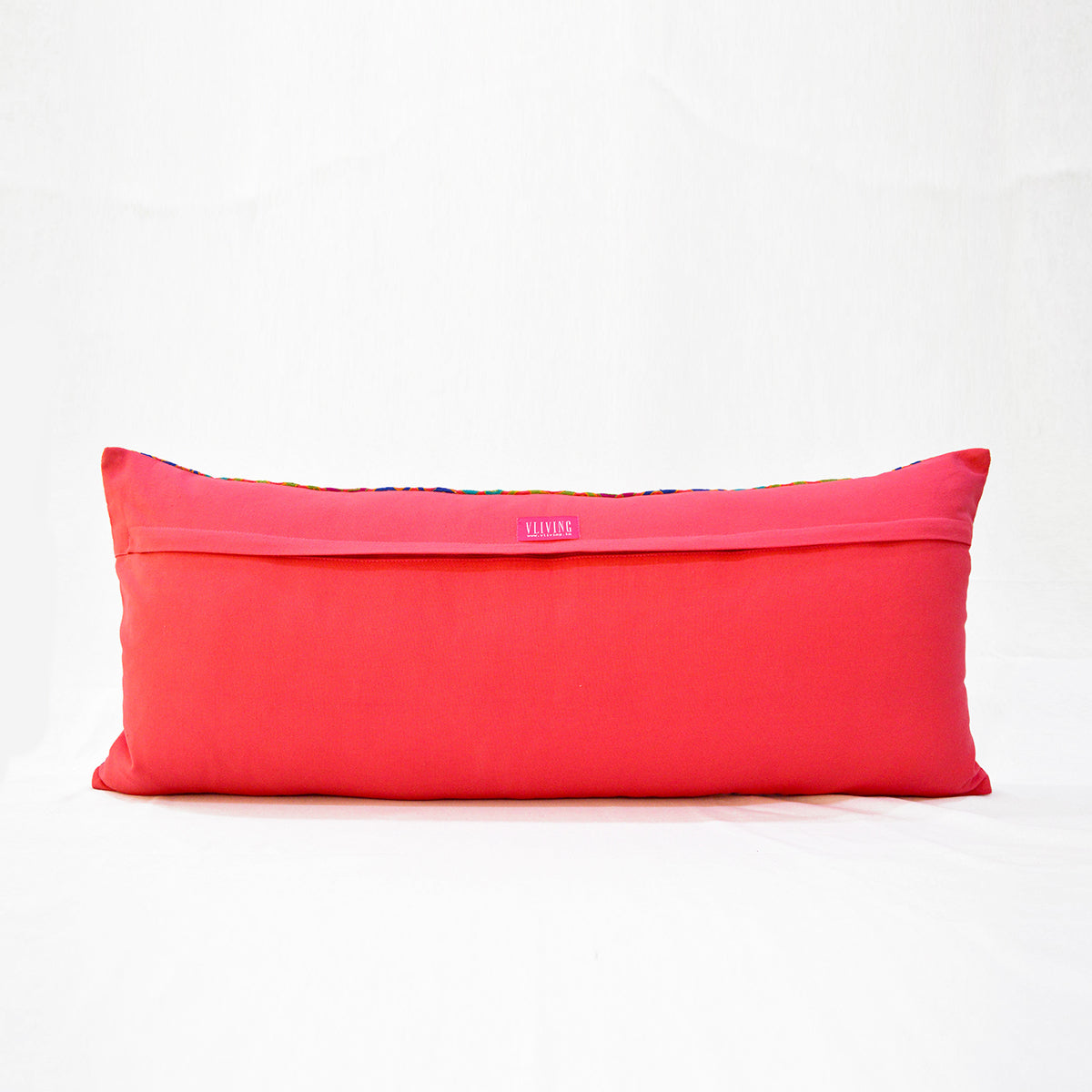 Coral Red cotton pillow cover with multicolour Shyrdak inspired embroidery, long lumbar pillow cover, 12X30 inches. other sizes available