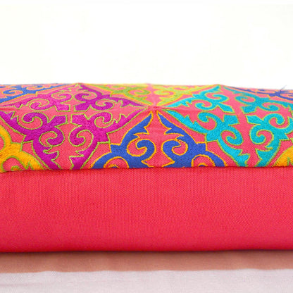 Coral Red cotton pillow cover with multicolour Shyrdak inspired embroidery, long lumbar pillow cover, 12X30 inches. other sizes available