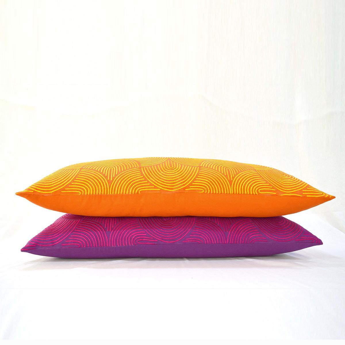 KASHIDAKAARI - Tangerine Long Lumbar Pillow cover with modern retro pattern embroidery, sizes available