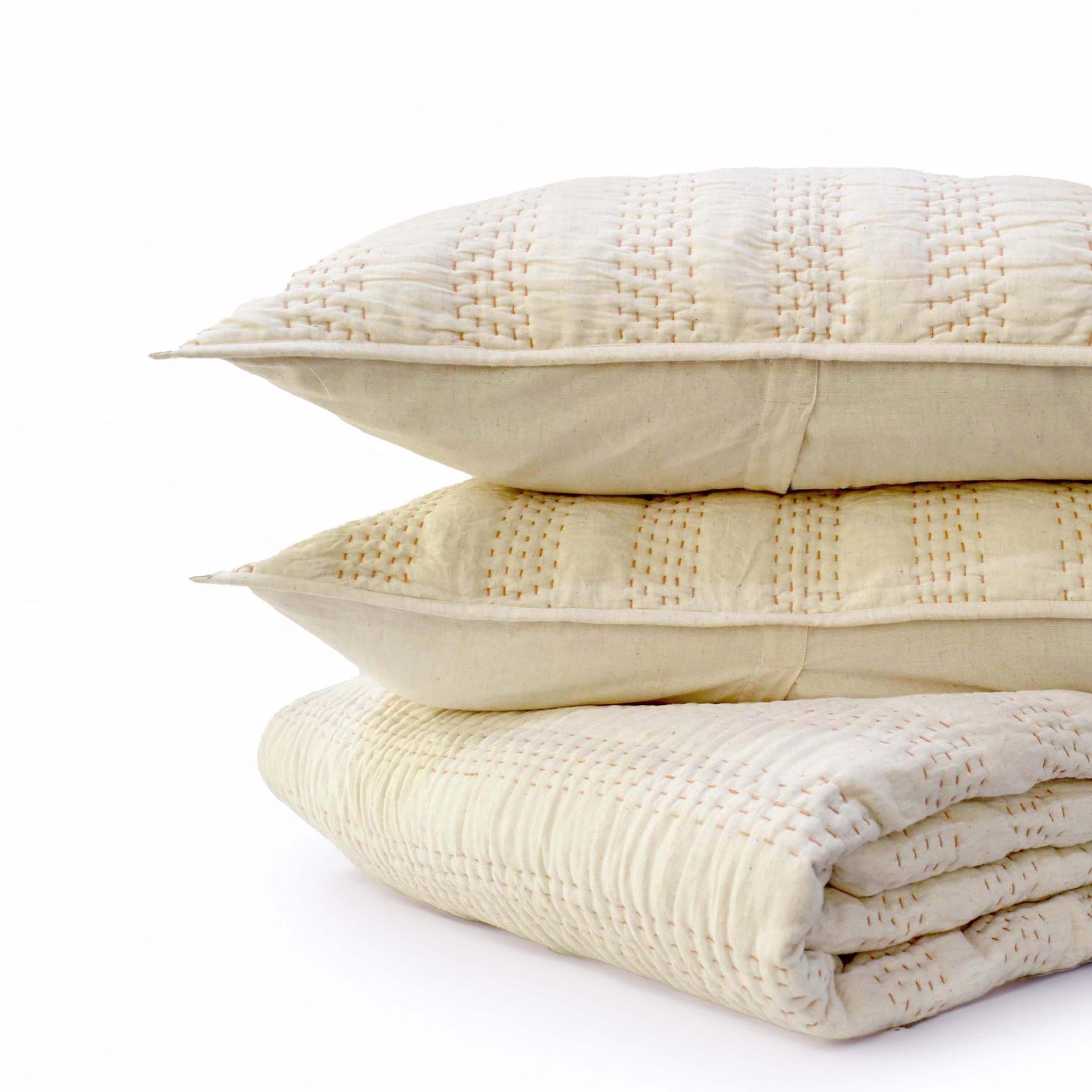 QUILTED BED SET - Beige cotton linen fabric with stripe pattern quilting, Sizes available