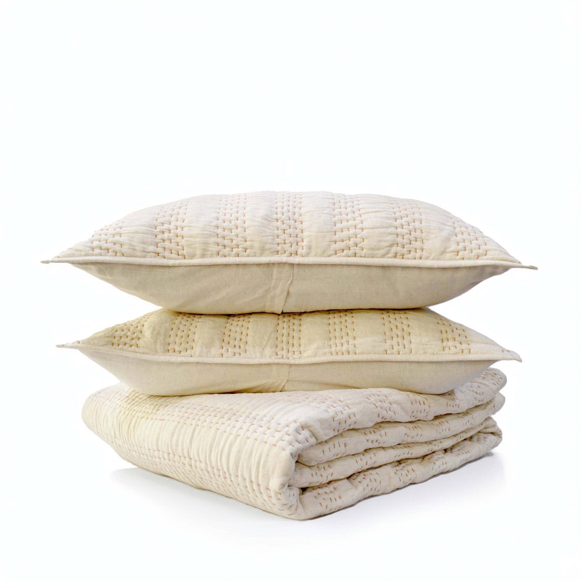 QUILTED BED SET - Beige cotton linen fabric with stripe pattern quilting, Sizes available