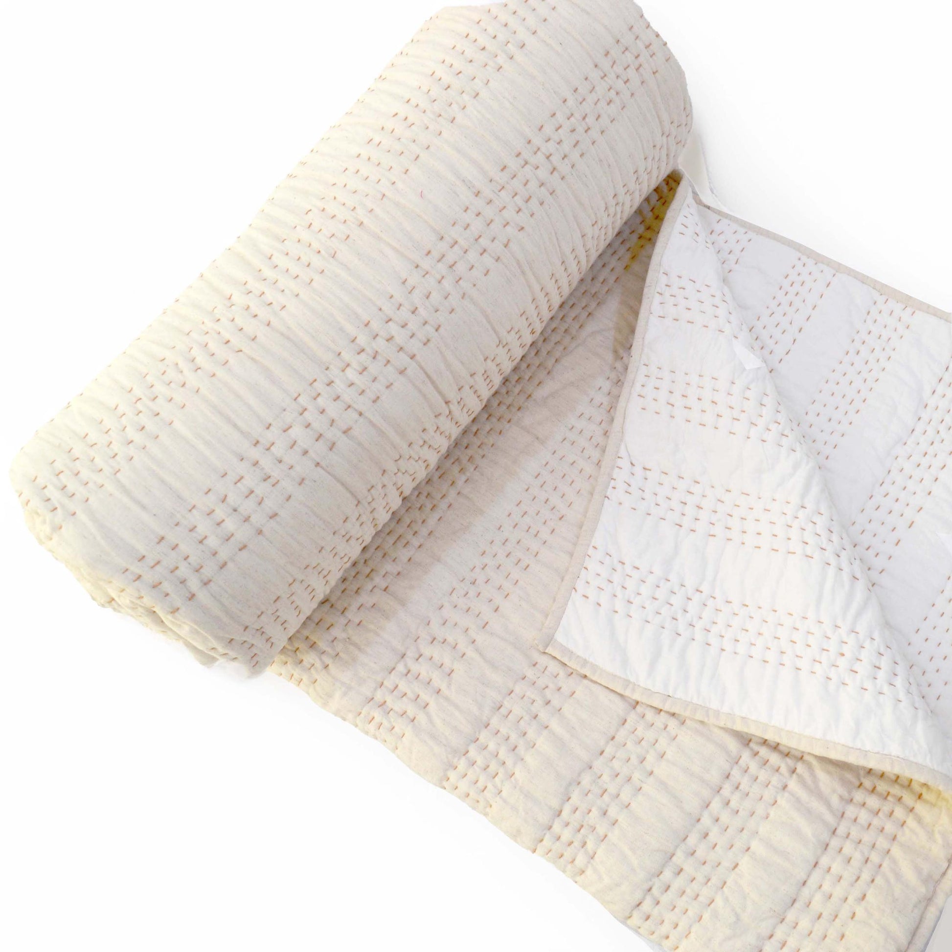 QUILTED BED SET - Beige cotton linen fabric with stripe pattern quilting, Sizes available