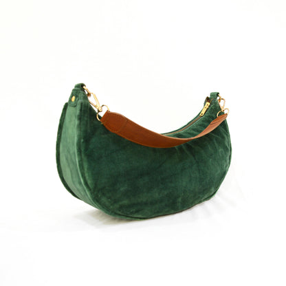 GREEN VELVET half moon crescent purse, reversible, detachable embroidered leather handles, 13(w)X6.5(ht) inches