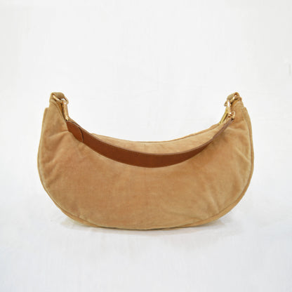 BEIGE VELVET half moon crescent purse, reversible, detachable embroidered leather handles, 13(w)X6.5(ht) inches