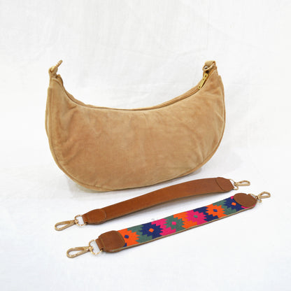 BEIGE VELVET half moon crescent purse, reversible, detachable embroidered leather handles, 13(w)X6.5(ht) inches