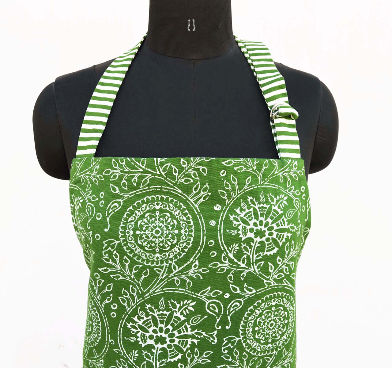 Green apron, kalamkari print, kitchen accessory, size 27X 35 inches