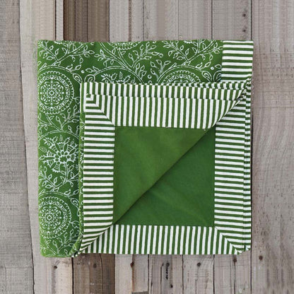 Green table cloth – kalamkari print with stripe print border, sizes available