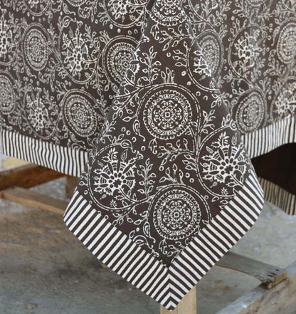 Brown table cloth - kalamkari print with stripe print border, sizes available