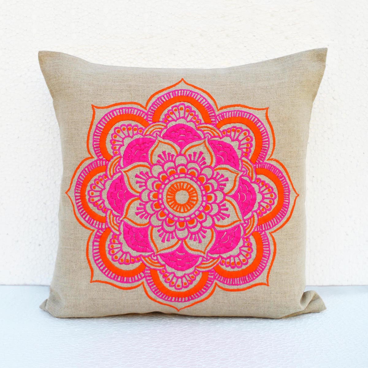 Mandala linen pillow cover, embroidered pillow case, tribal, indian craft pillow, ethnic, 16&quot;X16&quot;