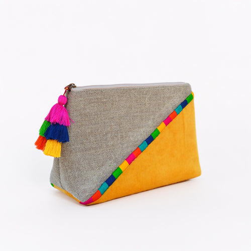 Yellow Colour Block Linen & Velvet Boho Clutch | Embroidered | Handmade Tassel | 9