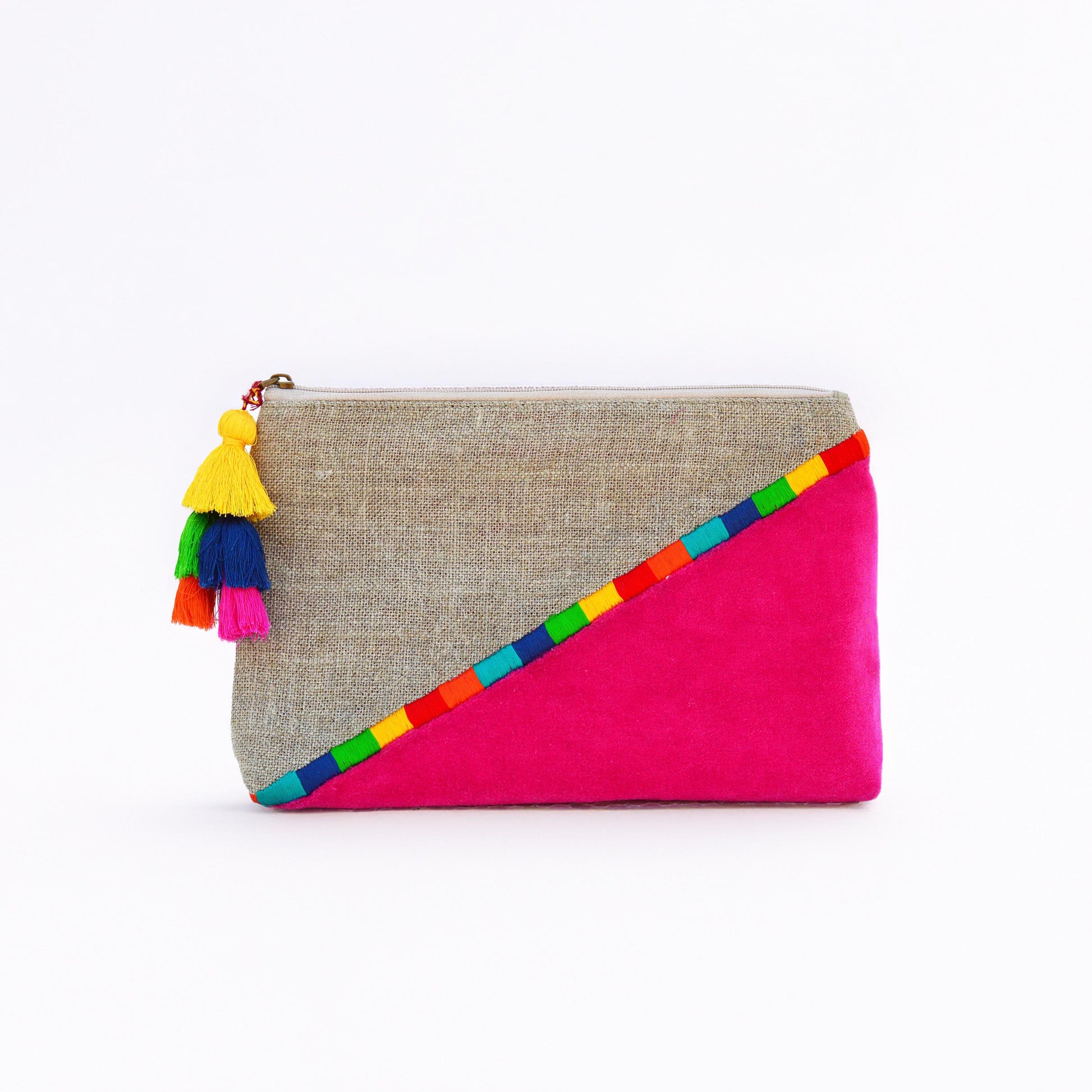 Fuschia Boho pouch, colour block, linen velvet bag, clutch bag, embroidered - Vliving