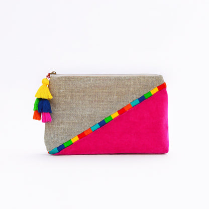 Fuschia Boho pouch, colour block, linen velvet bag, clutch bag, embroidered - Vliving