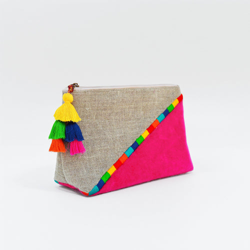 Fuschia Colour Block Linen & Velvet Boho Clutch | Embroidered | Handmade Tassel | 9