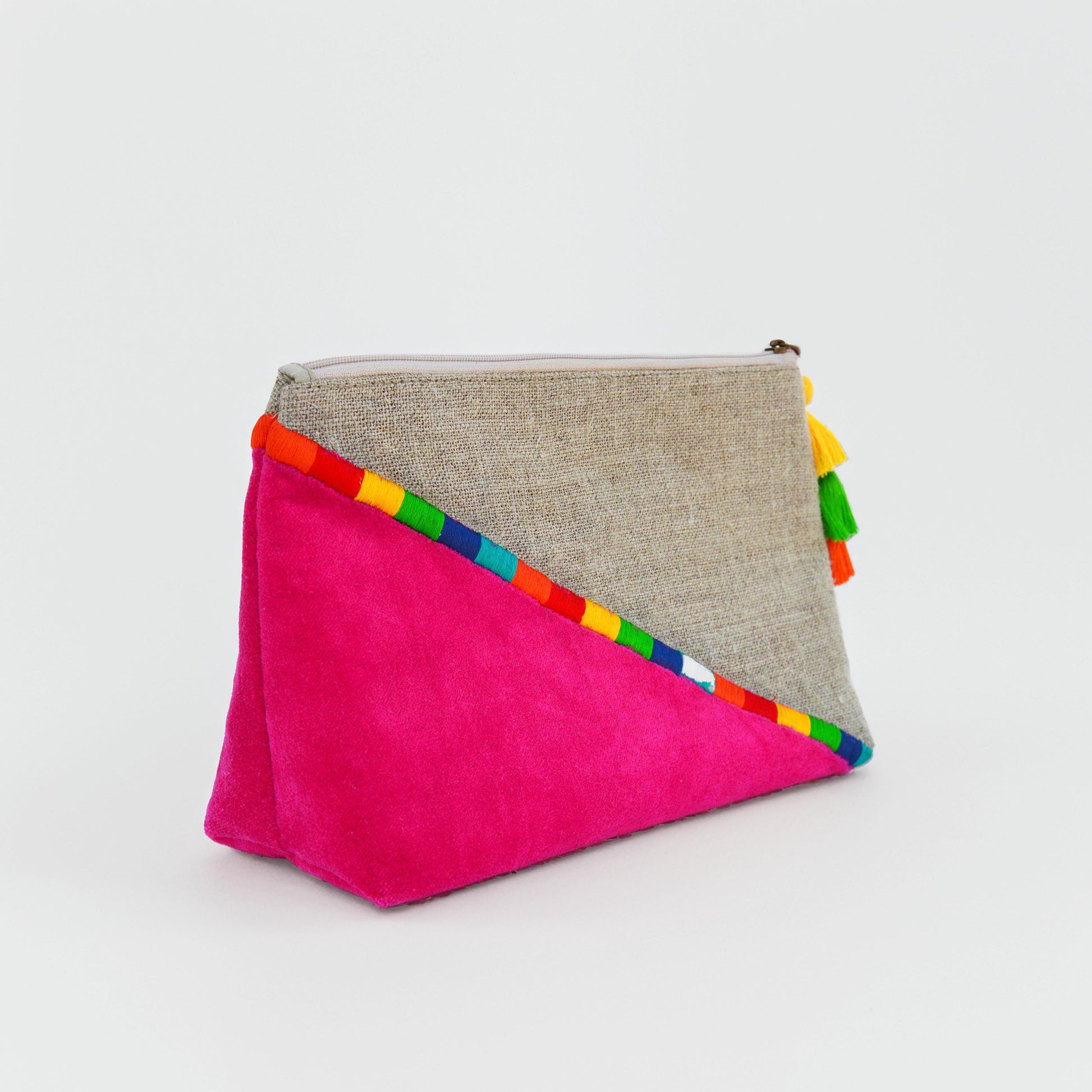 Fuschia Boho pouch, colour block, linen velvet bag, clutch bag, embroidered - Vliving