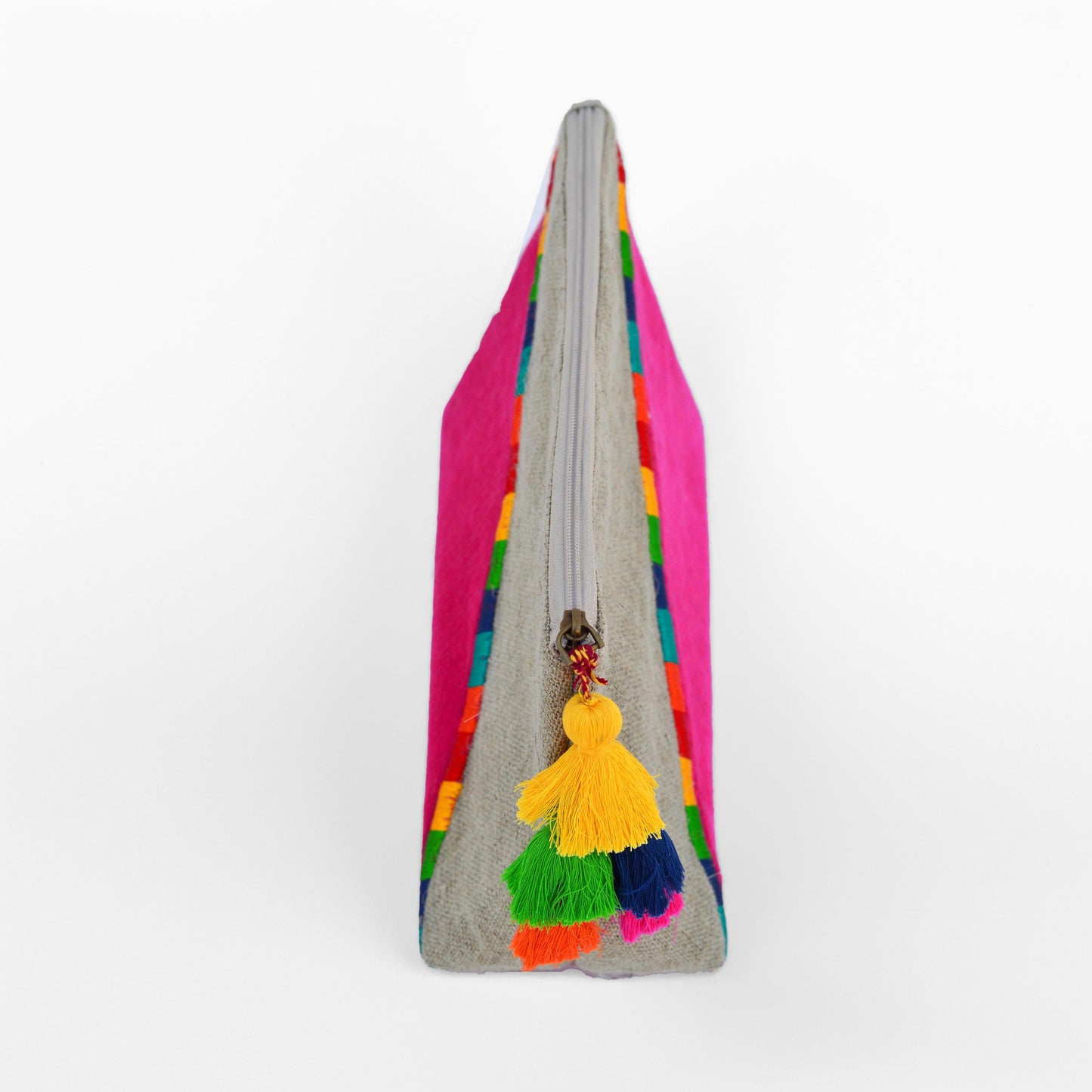Fuschia Boho pouch, colour block, linen velvet bag, clutch bag, embroidered - Vliving
