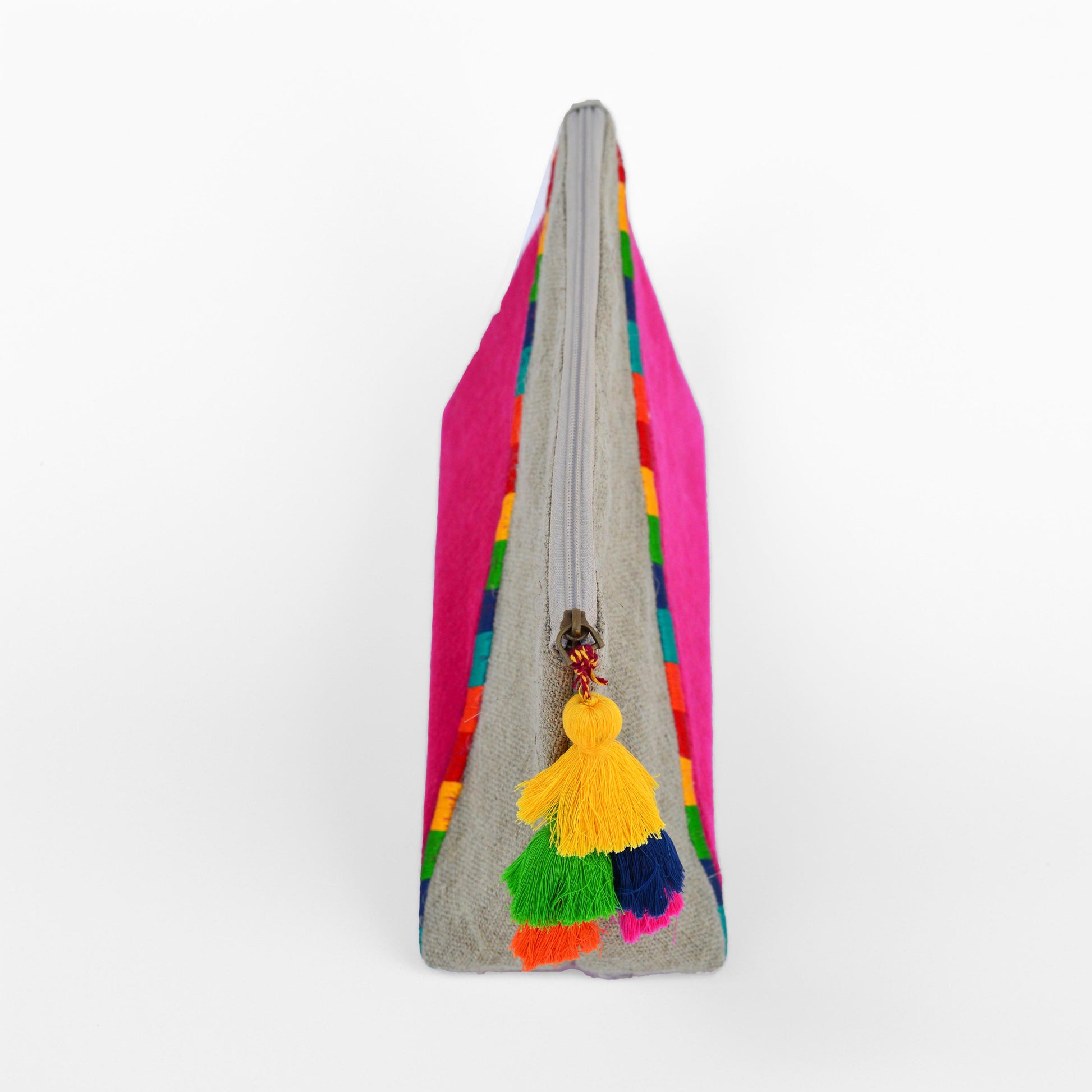 Fuschia Boho pouch, colour block, linen velvet bag, clutch bag, embroidered - Vliving