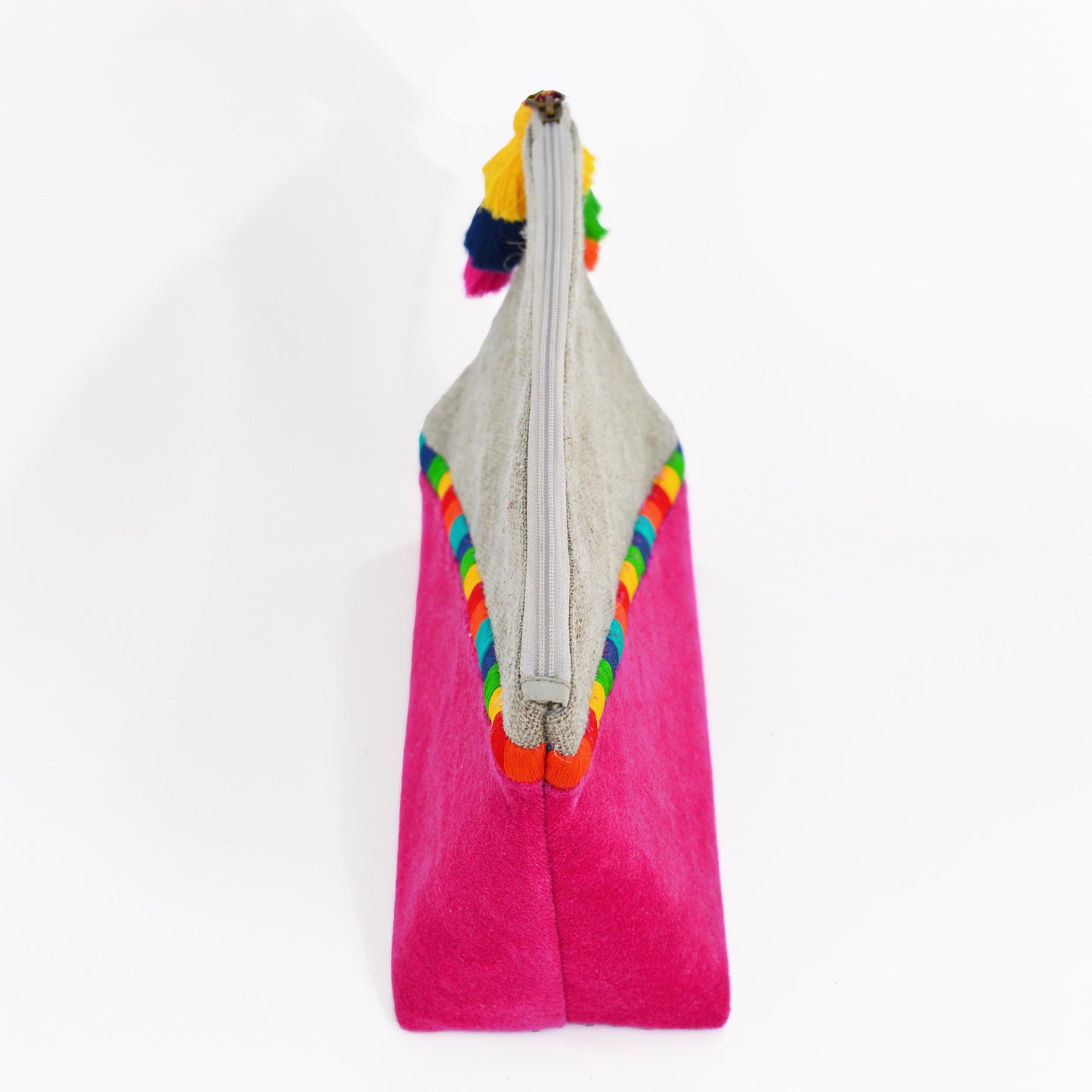 Fuschia Boho pouch, colour block, linen velvet bag, clutch bag, embroidered - Vliving