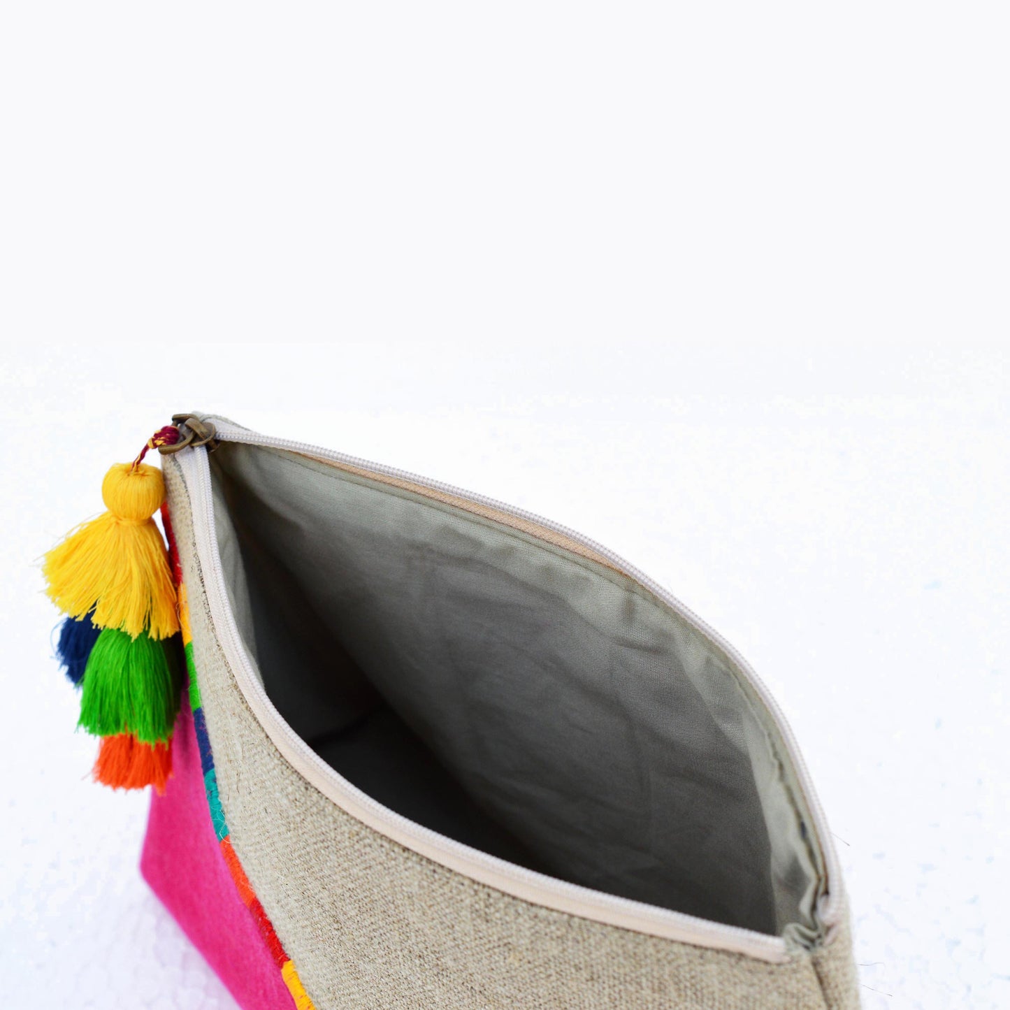 Fuschia Boho pouch, colour block, linen velvet bag, clutch bag, embroidered - Vliving