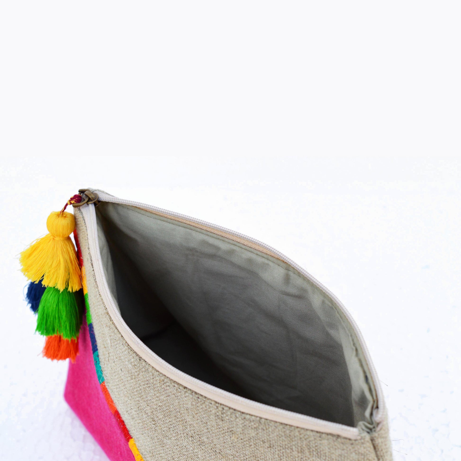 Fuschia Boho pouch, colour block, linen velvet bag, clutch bag, embroidered - Vliving