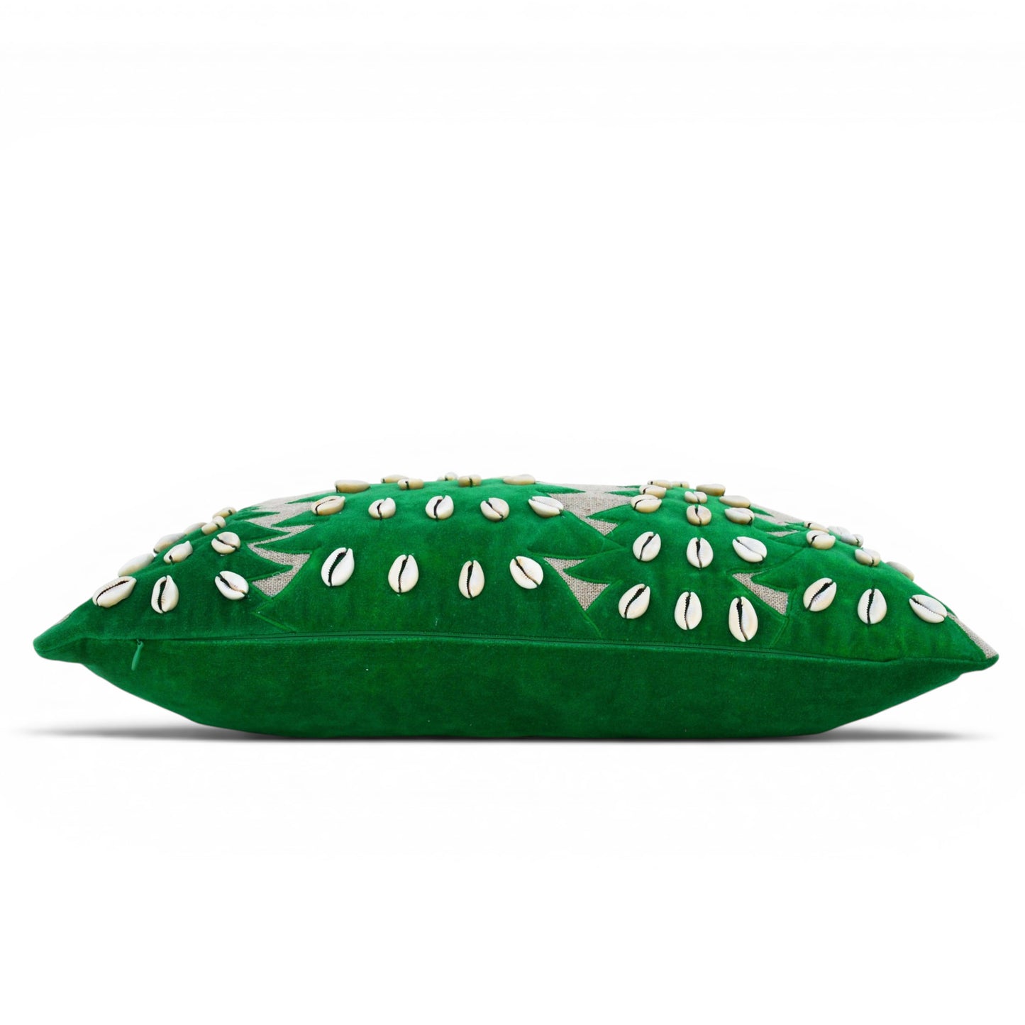 Christmas Linen Pillow Cover – Tribal Velvet Appliqué & Cowrie Shell Cushion Cover