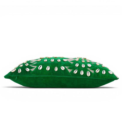 Christmas Linen Pillow Cover – Tribal Velvet Appliqué & Cowrie Shell Cushion Cover