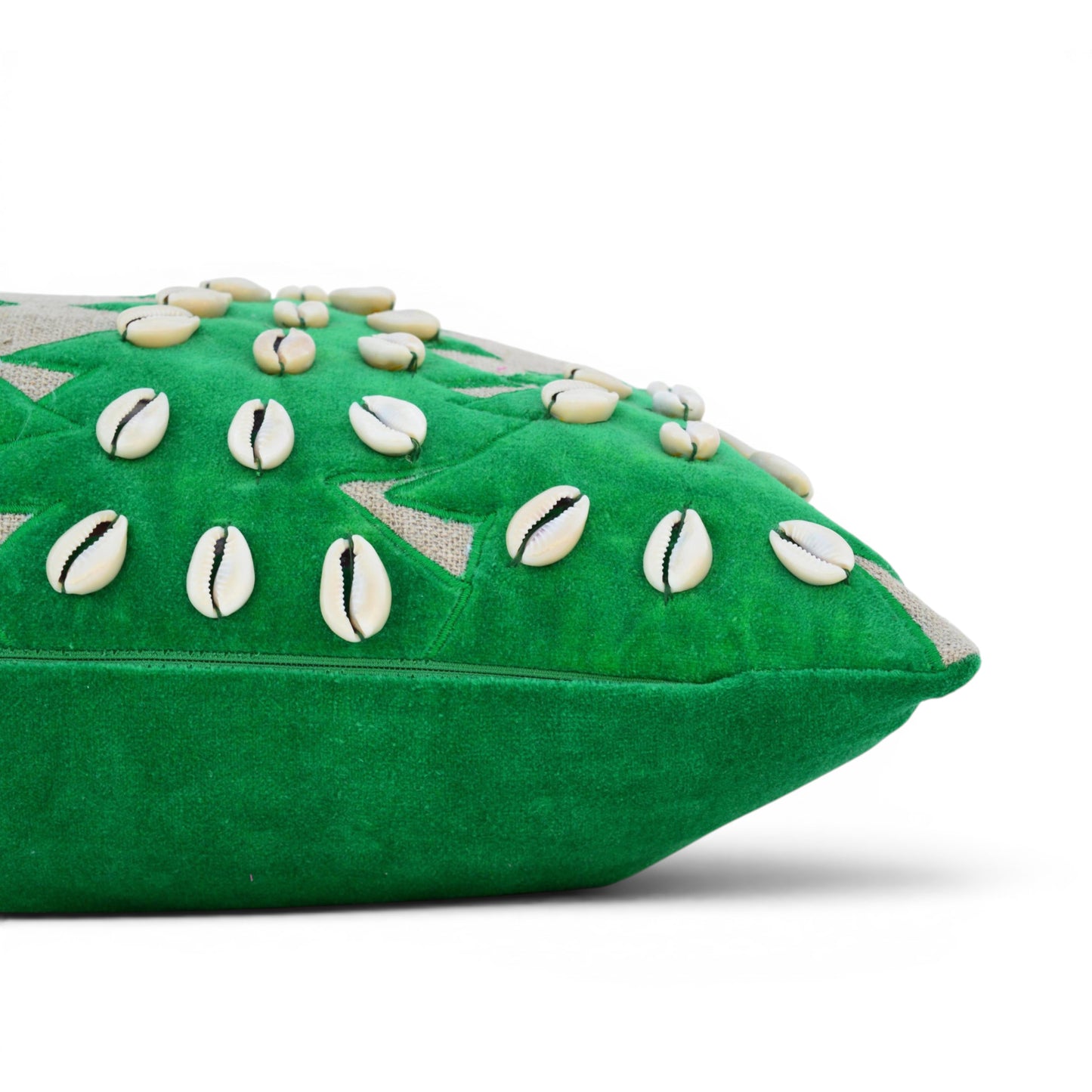 Christmas Linen Pillow Cover – Tribal Velvet Appliqué & Cowrie Shell Cushion Cover
