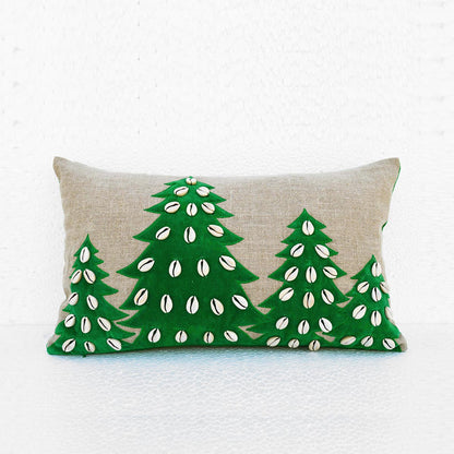 Christmas linen pillow cover, Christmas tree, velvet applique, cowri cushion cover