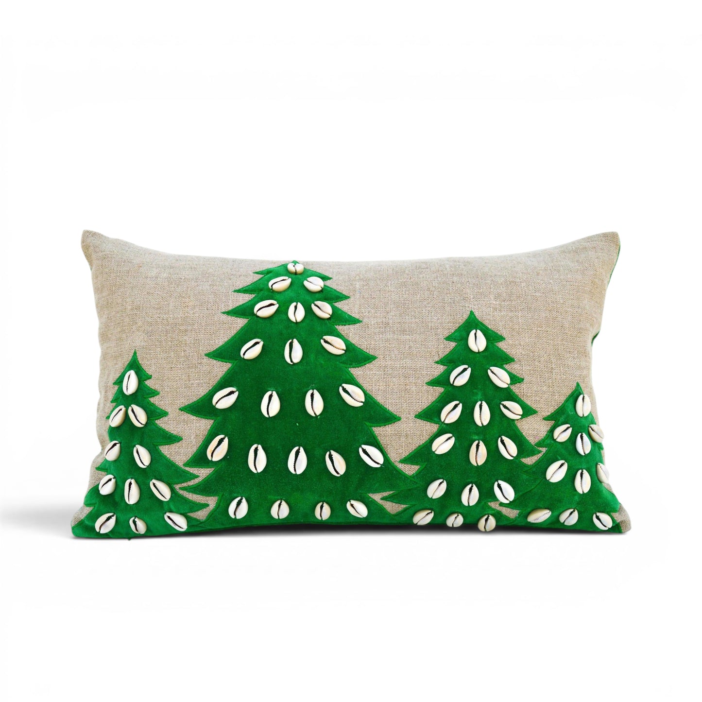 Christmas Linen Pillow Cover – Tribal Velvet Appliqué & Cowrie Shell Cushion Cover