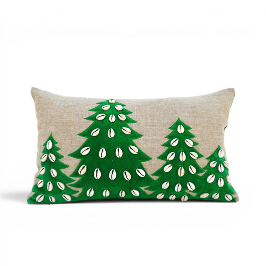 Christmas Linen Pillow Cover – Tribal Velvet Appliqué & Cowrie Shell Cushion Cover