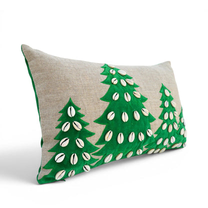 Christmas Linen Pillow Cover – Tribal Velvet Appliqué & Cowrie Shell Cushion Cover